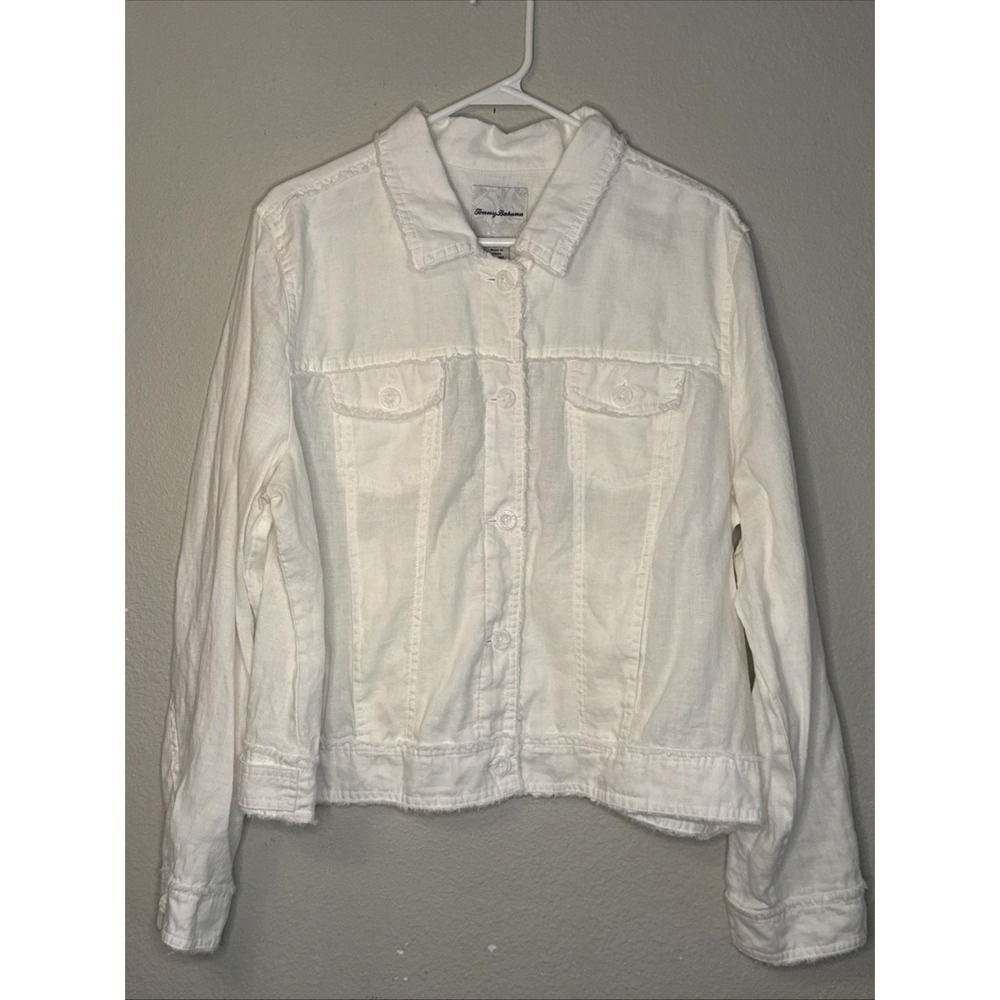 TOMMY BAHAMA Two Palms Jacket Women's XL 100% Linen Raw Edge Button Up White
